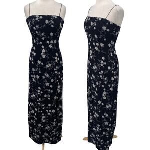 Vintage 90s Y2k Sparkle Beaded Floral Column Gown Square Neck Black Silver Small